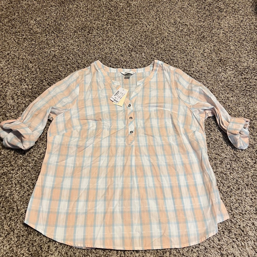 CJ Banks‎ Plaid Roll-Tab Sleeve Button Down Top Blouse Pink Blue 14W